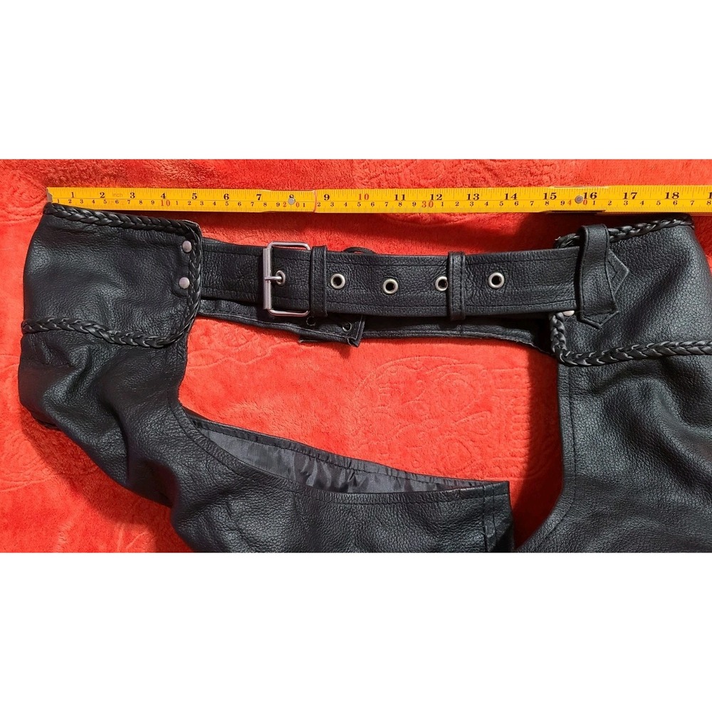 Jafrum Leather Motorcycle Chaps Black Braided Trim Adjustable Buckle Biker Wear - Picture 12 of 13